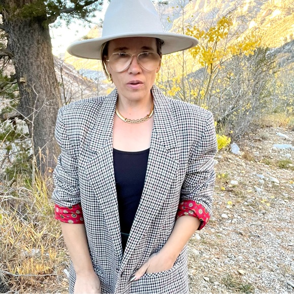 Vintage Made in USA Wool Blend Riding Style Classic Herringbone Plaid Blazer - Picture 4 of 11